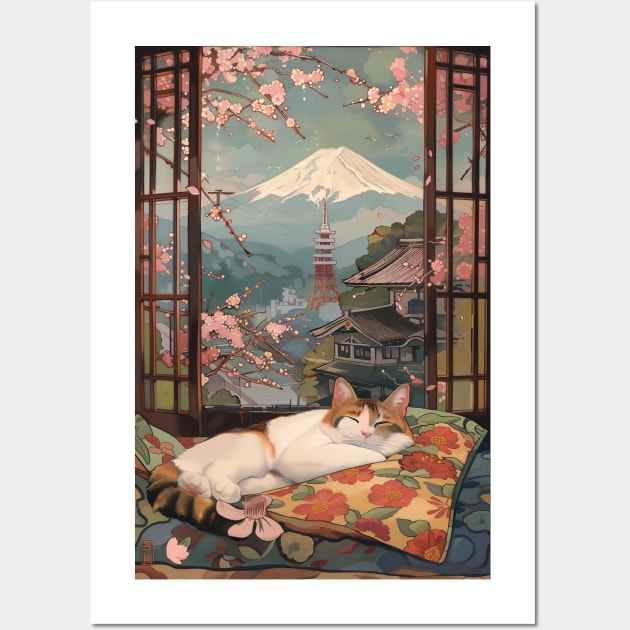 Cat Sleeping Ukiyo-e Mount Fuji Wall Art by Vlaa